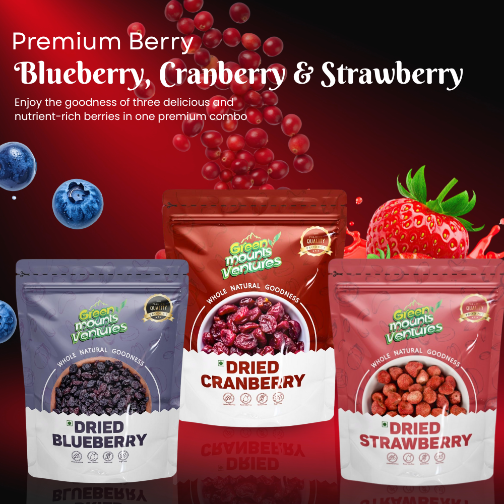 Premium Dried Berries Combo (250g Each) – Blueberry, Cranberry & Strawberry | Greenmounts Ventures